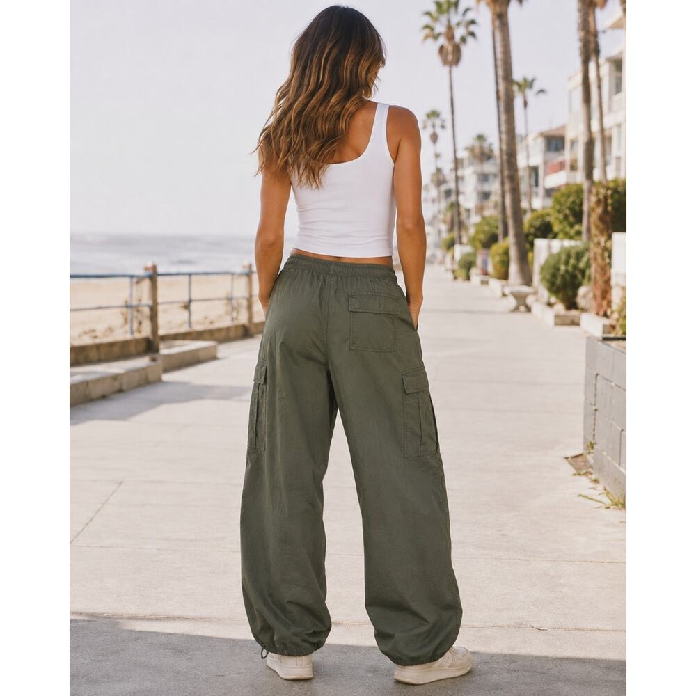 Good American Parachute Cargo Pants Drawstring Army Green (Fatigue) L NWT - Picture 3 of 10